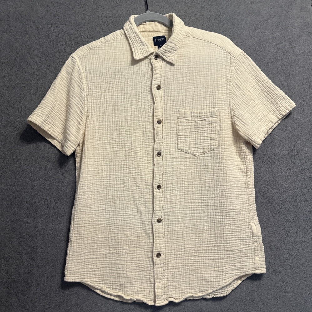 J. Crew Double Gauze Button Down Shirt Mens Size M Cream BR546 S/S Cabana Beach